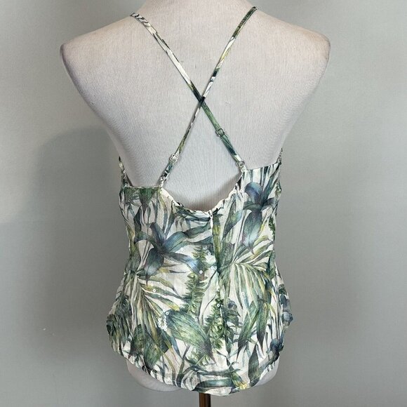 Bebe Sleeveless Blouse Tropical Chiffon Leaf Print Clear Sequins Size 6 NWT - Picture 6 of 13